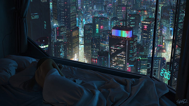 Mädchen, Nacht, Die Stadt, Fenster, Bett, Stadt, Schlaf, Illustration, Futuristisch, Cyberpunk, Sci-Fi, Tony Skeor, von Tony Skeor, 2:00 Uhr, 2118, HD-Hintergrundbild