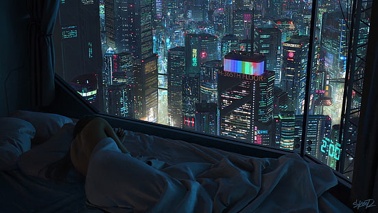 Girl, Night, The city, Window, Bed, City, Sleep, Illustration, futuristic, Cyberpunk, scifi, Tony Skeor, by Tony Skeor, 2:00 AM, 2118, HD wallpaper HD wallpaper