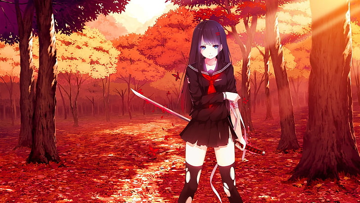 purple-haired female anime character, anime, sword, katana, school uniform, fall, trees, black hair, long hair, blue eyes, anime girls, HD wallpaper