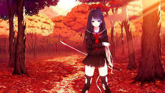 karakter anime wanita berambut ungu, anime, pedang, katana, seragam sekolah, musim gugur, pohon, rambut hitam, rambut panjang, mata biru, gadis anime, Wallpaper HD HD wallpaper