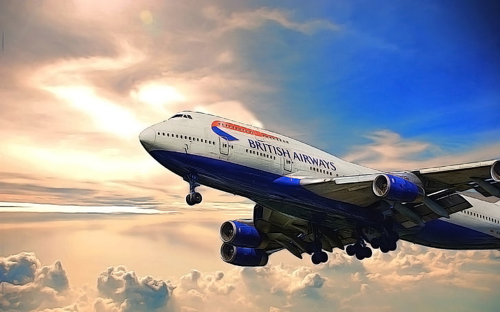 biało-niebieski samolot British Airways, Niebo, Chmury, Postać, Samolot, Lotnisko, Boeing, 747, Pasażer, Airliner, British Airways, In The Air Let, Severe Pilots, Jumbo Jet, długodystansowy, Tapety HD