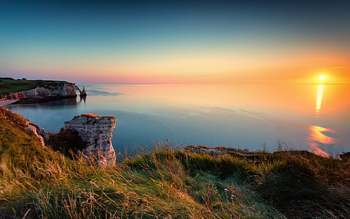 Sunset, cliffs, sea, coast, Etretat, France, Sunset, Cliffs, Sea, Coast, Etretat, France, HD wallpaper HD wallpaper