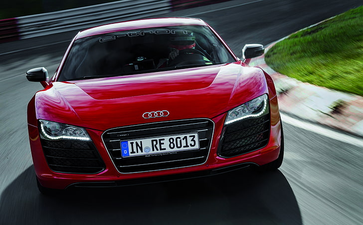 Audi, червено, лого, качулка, светлини, спортен автомобил, отпред, R 8, HD тапет