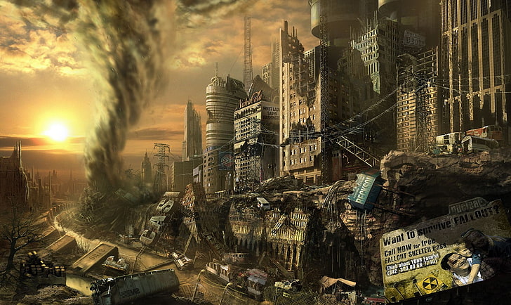 tornado during sunset, apocalyptic, city, building, nuclear, ruin, Fallout, HD wallpaper