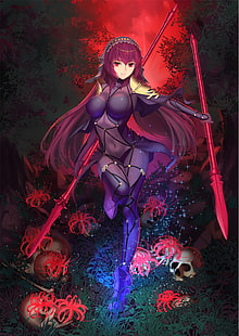 женский персонаж аниме обои, аниме, аниме девушки, боди, Fate / Grand Order, Scathach (Fate / Grand Order), длинные волосы, рыжий, красные глаза, оружие, Fate Series, HD обои HD wallpaper