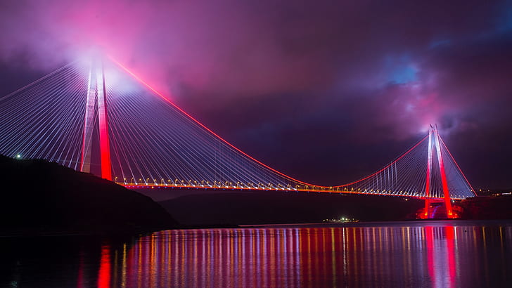 橋、夜、トルコ、ピンク、ライト、ヤヴズスルタンセリム橋、イスタンブール、 HDデスクトップの壁紙