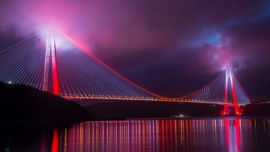 橋、夜、トルコ、ピンク、ライト、ヤヴズスルタンセリム橋、イスタンブール、 HDデスクトップの壁紙 HD wallpaper