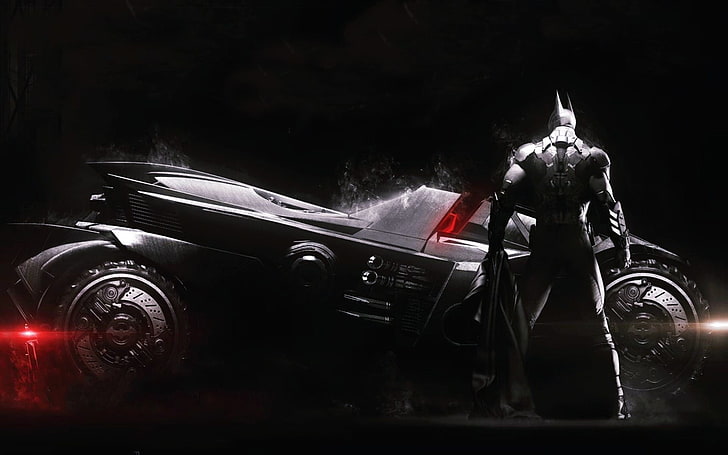 wallpaper digital hitam dan abu-abu, video game, Batman: Arkham Knight, Batman, Batmobile, Wallpaper HD