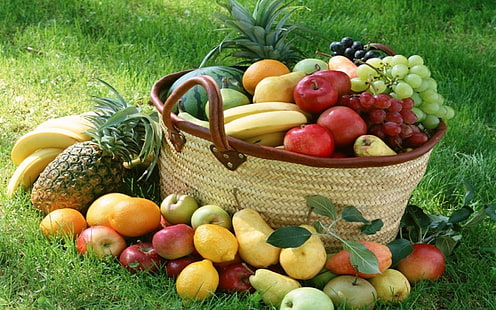 фруктовая партия, фрукты, корзины, виноград, яблоки, трава, бананы, лимоны, HD обои HD wallpaper