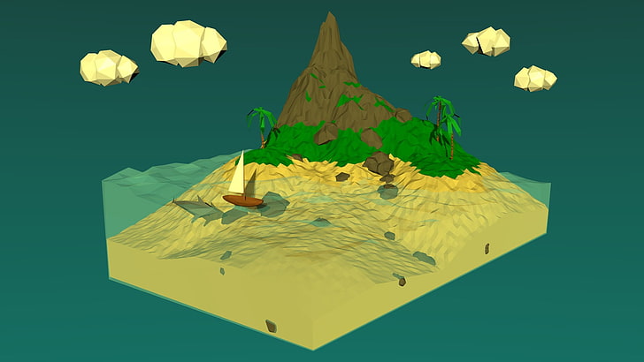 montanha com corpo de água e barco papel de parede, baixo poli, ilha, minimalismo, 3D, HD papel de parede
