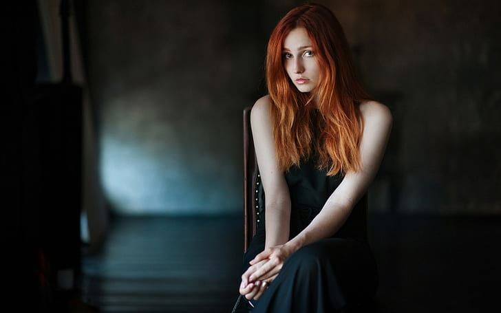 Vladislava Masko, redhead, chair, long hair, model, women, looking at viewer, black dress, sitting, bare shoulders, depth of field, HD wallpaper