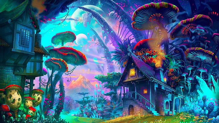 Colorful, drawing, fantasy Art, house, mountain, mushroom, nature, planet,  HD wallpaper | Wallpaperbetter