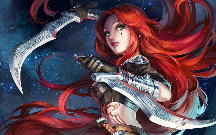 donna dai capelli rossi con pugnale carta da parati personaggio anime, Katarina, League of Legends, Sfondo HD