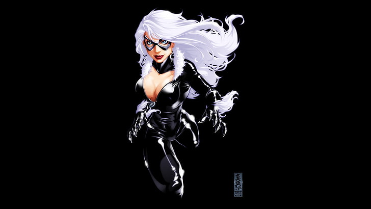 Black Cat from Marvel illustration, Black Cat (postać), Marvel Comics, ilustracja, kostiumy, czarne tło, Tapety HD