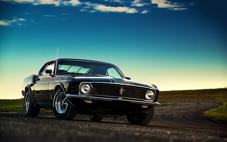 Mustang, Ford, Músculo, Coche, Clásico, Negro, Puesta de sol, 1970, Estadounidense, Fondo de pantalla HD