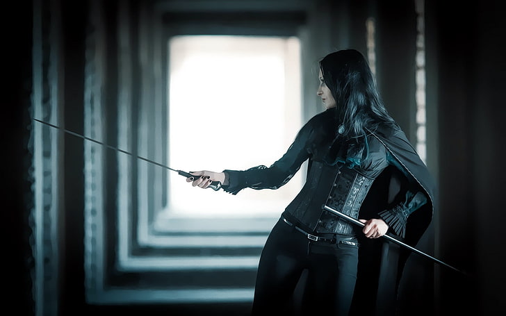 Frauen, Schwert, schwarz, brünett, Korsett, HD-Hintergrundbild
