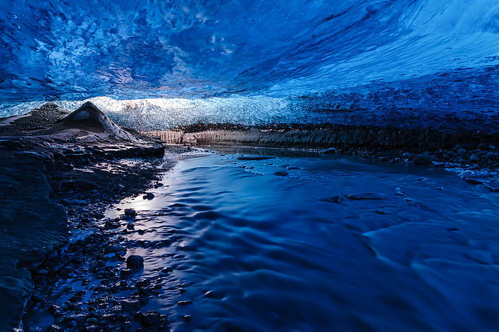 landscape icy mountain photography shot, Glacier Cave, IV, landscape, icy, mountain, photography, shot, Iceland, Island, ice cave, gletscher, ice  river, stream, nature, water, blue, sea, HD wallpaper