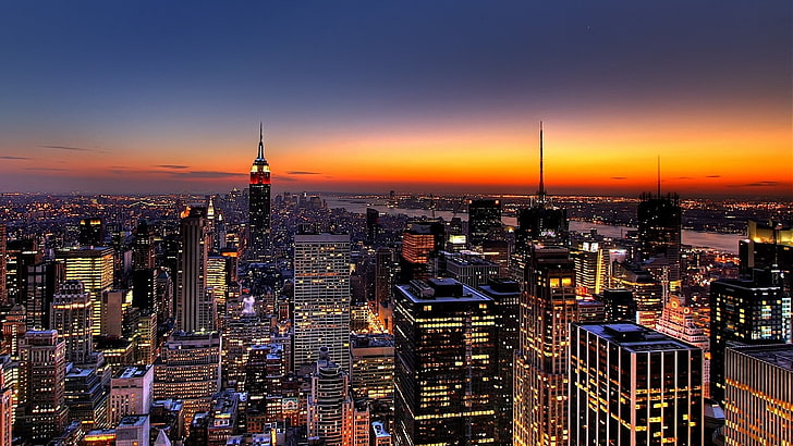 вид зданий с высоты птичьего полета, нью-йорк, ночь, небоскребы, вид сверху, HD обои