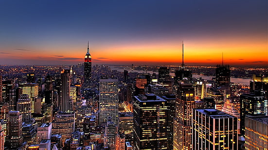 bird's eye view of buildings, new york, night, skyscrapers, top view, HD wallpaper HD wallpaper