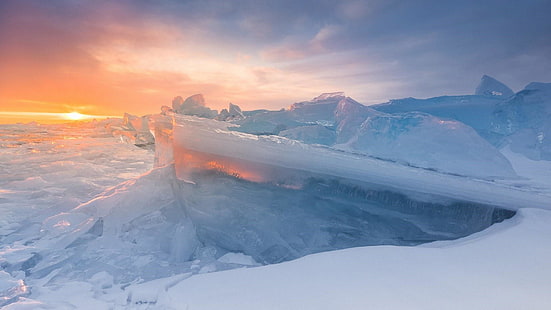 sky, lake baikal, arctic, winter, snow, russia, freezing, ice, siberia, mountain, cloud, morning, HD wallpaper HD wallpaper