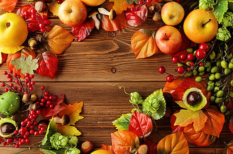 autumn, leaves, apples, still life, fruit, berries, harvest, HD wallpaper HD wallpaper
