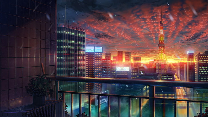armação de metal preto e vermelho, neve, paisagem urbana, varanda, pôr do sol, Tóquio, torre de Tóquio, HD papel de parede