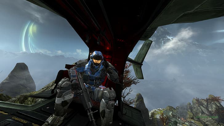 Jogos para PC, no jogo, captura de tela, videogames, ficção científica, futurista, Halo Reach, alcance do planeta, UH-114 Falcon, Carter-A259, Spartan III, armadura, vôo, militar, horizonte, nuvens, HD papel de parede