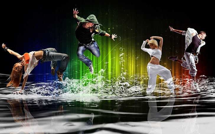 assorted clothes, energy, water, girl, squirt, bubbles, movement, people, mood, dance, guy, youth, HD wallpaper