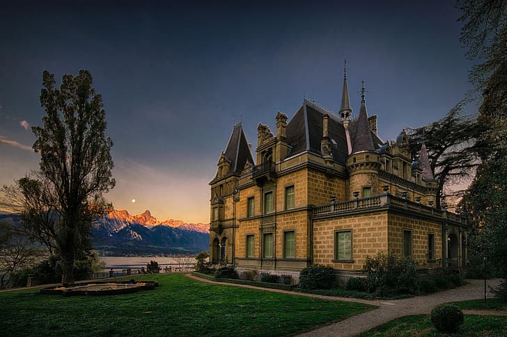 landscape, sunset, mountains, nature, lake, castle, Switzerland, Lake Thun, Thunersee, Schloss Hünegg, Хюнегг, HD wallpaper