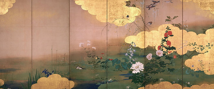 bunga, burung, awan, Karya Seni Tradisional, Wallpaper HD