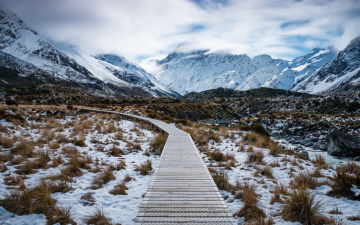 Aoraki Mount Cook National Park, New Zealand, mountains, snow, path, brown pathway, Aoraki, Cook, National, Park, New, Zealand, Mountains, Snow, Path, HD wallpaper