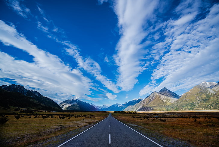 gray concrete road, new zealand, road, highway, mountain, blue, sky, clouds, HD wallpaper