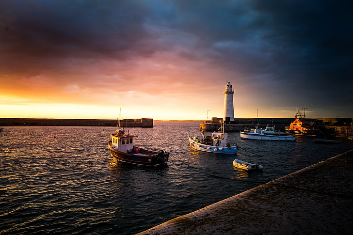 sea, the sky, the sun, clouds, sunset, coast, lighthouse, boats, pier, UK, harbour, Northern Ireland, Donaghadee, HD wallpaper