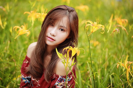 Asiat, Frauen draußen, Blumen, Frauen, Modell, HD-Hintergrundbild HD wallpaper