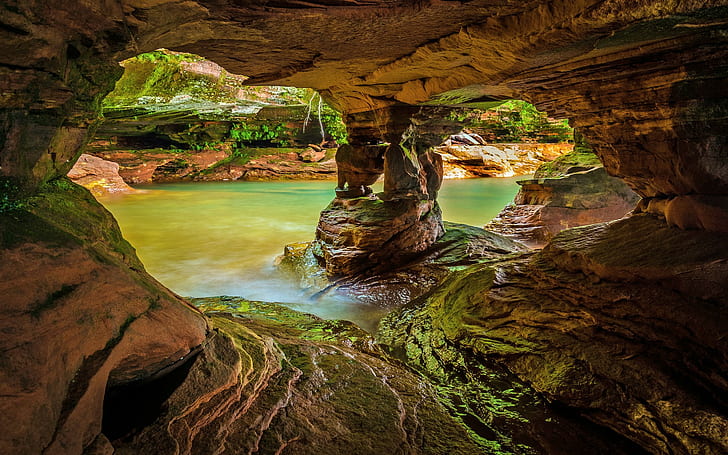 nature, landscape, water, rock, cave, lake, moss, wet, long exposure, Wisconsin, USA, HD wallpaper