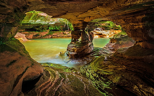 природа, пейзаж, вода, скала, пещера, езеро, мъх, мокро, продължително излагане, Уисконсин, САЩ, HD тапет HD wallpaper
