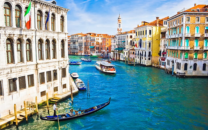Bellissimo canale di Venezia, fiume, nave, barca, sole di venezia, paesaggio, Sfondo HD
