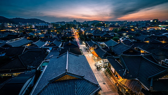 niebo, zachód słońca, dachy, Korea Południowa, dom, Tapety HD HD wallpaper