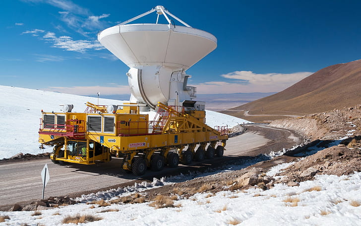 ALMA Observatory, Chile, clouds, Hill, nature, Observatory, road, rock, snow, telescope, vehicle, Wheels, winter, HD wallpaper