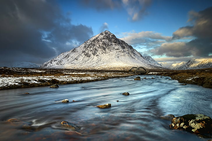landscape view of gray and white rock formation during daytime, Buachaille Etive Mor, landscape, view, gray, white rock, rock formation, daytime, jones, samsung  NX1, highlands  scotland, a82, sunlight, blue  skies, snow, winter, nature, mountain, lake, scenics, water, outdoors, ice, iceland, reflection, glacier, HD wallpaper
