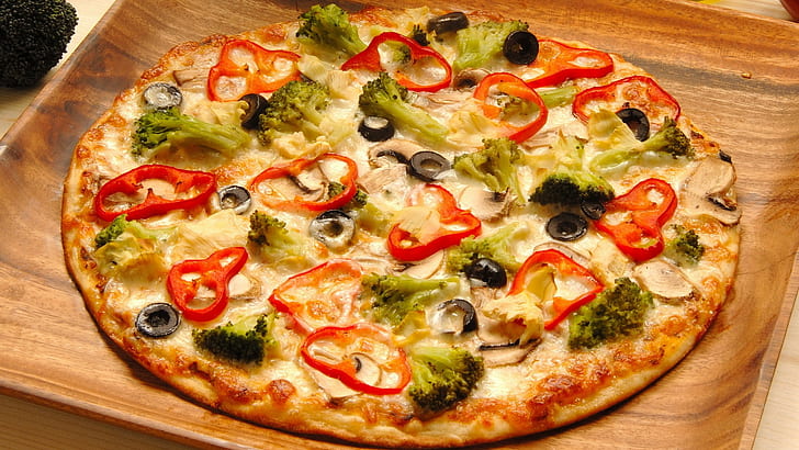 pizza, makanan, Paprika (Makanan), Brokoli, makan siang, Wallpaper HD