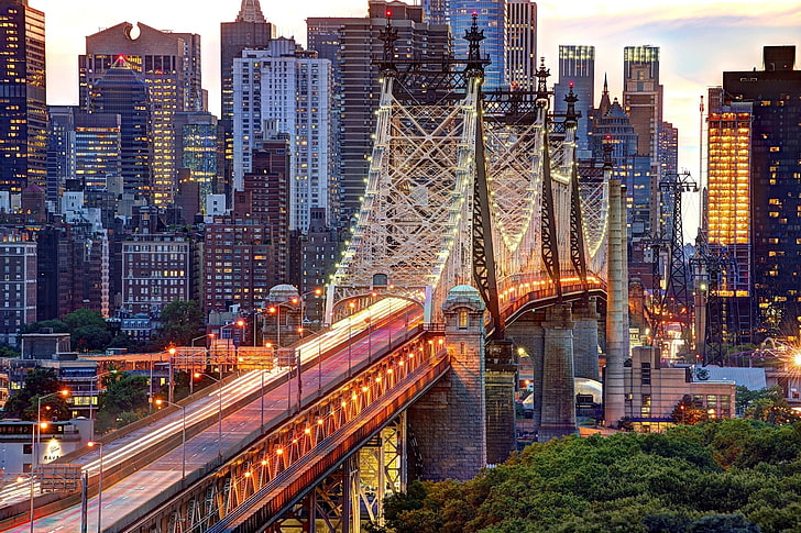 Manhattan, Queensboro Bridge, wieżowiec, Nowy Jork, błyskawica, ulica, miasto, wieczór, budynek, drzewa, East River, światła, USA, Tapety HD