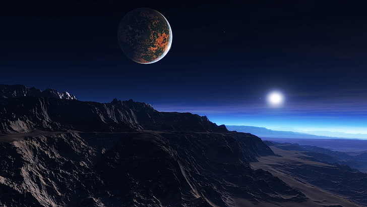 black mountain, exoplanet atmosphere, clouds, stars, moon, mist, mountains, rocks, HD wallpaper