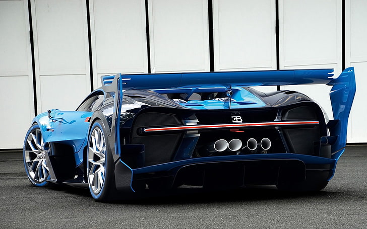 Bugatti, Bugatti Vision Gran Turismo, carro, vista traseira, carros azuis, HD papel de parede