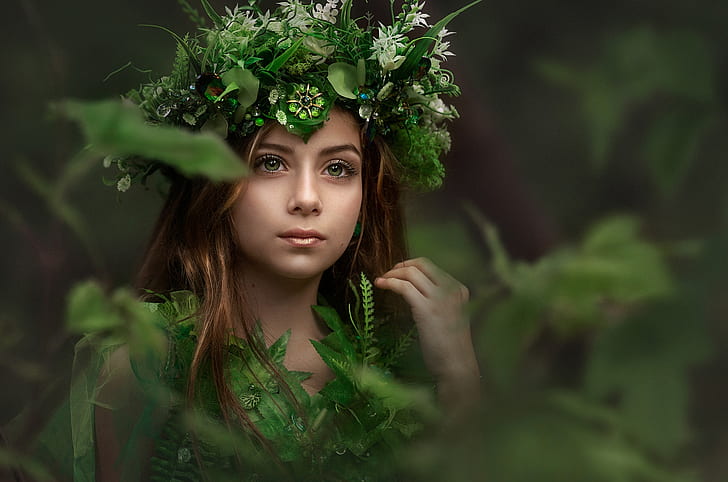 look, girl, face, portrait, makeup, wreath, forest nymph, Evgeny Loza, Yevhen Makarenko, HD wallpaper