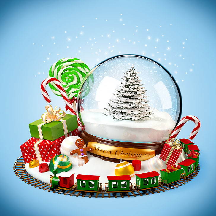 Christmas tree water globe, snow, decoration, balls, toys, tree, doll, Train, gifts, sweets, New year, toy, christmas tree, dolls, ornaments, merry Christmas, HD wallpaper