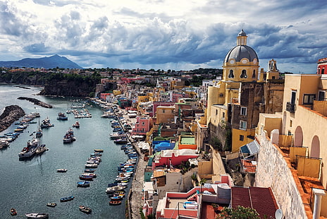 อาคาร, เรือ, ท่าเรือ, อิตาลี, อ่าว, เดินเล่น, ท่าเรือ, The Bay of Naples, อ่าว Naples, เกาะ Procida, Corricella, เกาะ Procida, วอลล์เปเปอร์ HD HD wallpaper