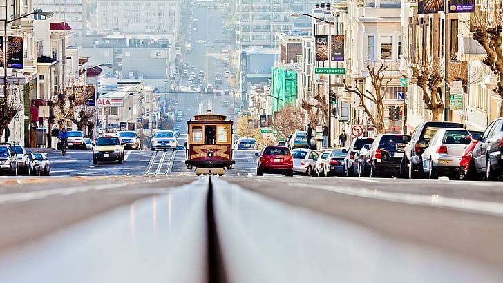 San Francisco Tram HD、車、丘、鉄道、サンフランシスコ、線路、路面電車、 HDデスクトップの壁紙