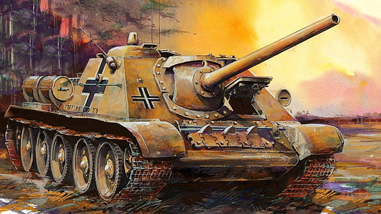 коричневый боевой танк цифровые обои, рисунок, САУ, истребитель танка, советская самоходная артиллерия, СУ-85, захваченная броня, HD обои HD wallpaper