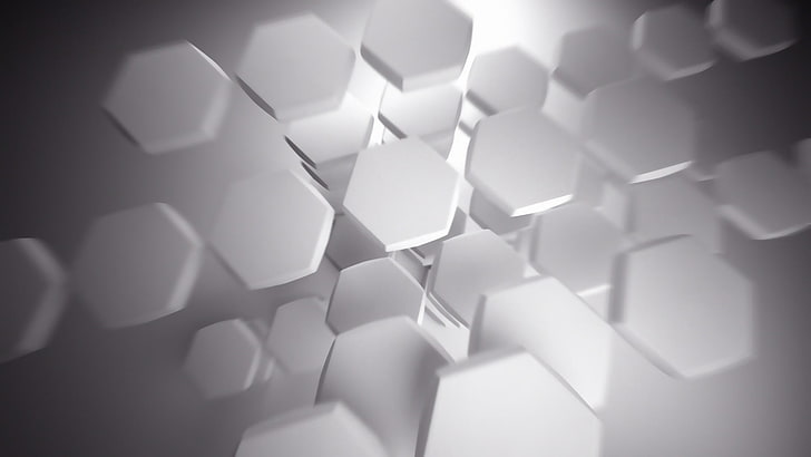 hexagonal white frames, hexagon, digital art, artwork, abstract, white, HD wallpaper